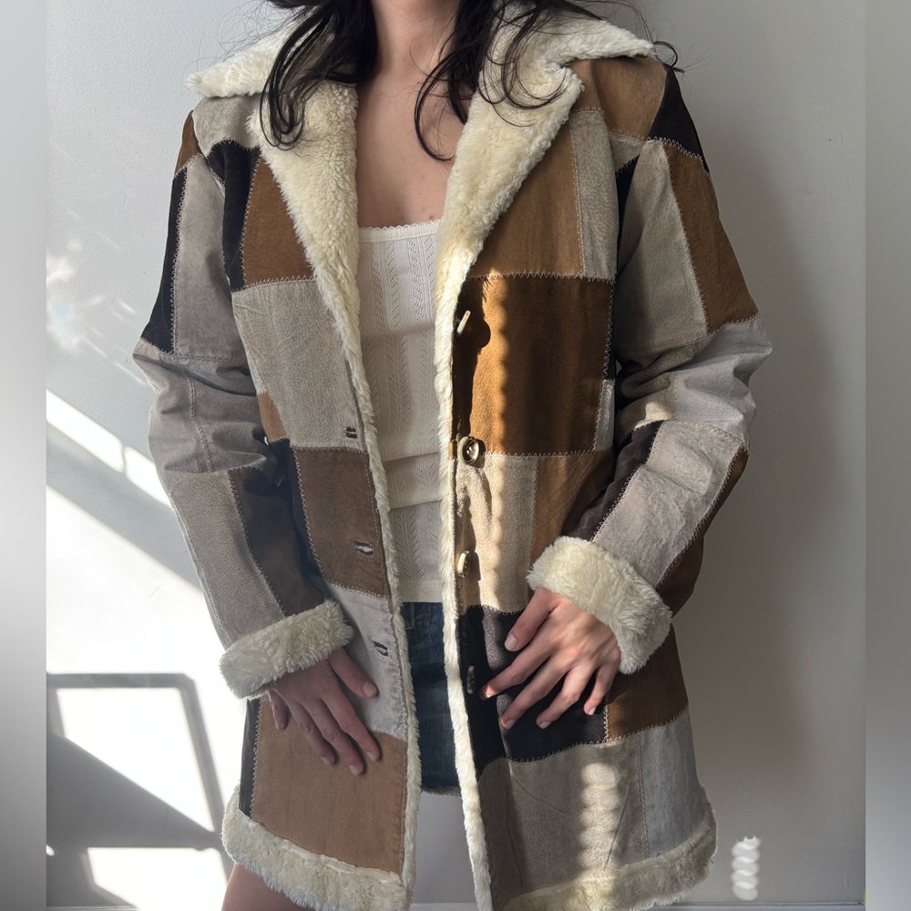 Y2K Tan Brown Suede Patchwork Jacket Leather Indi… - image 3